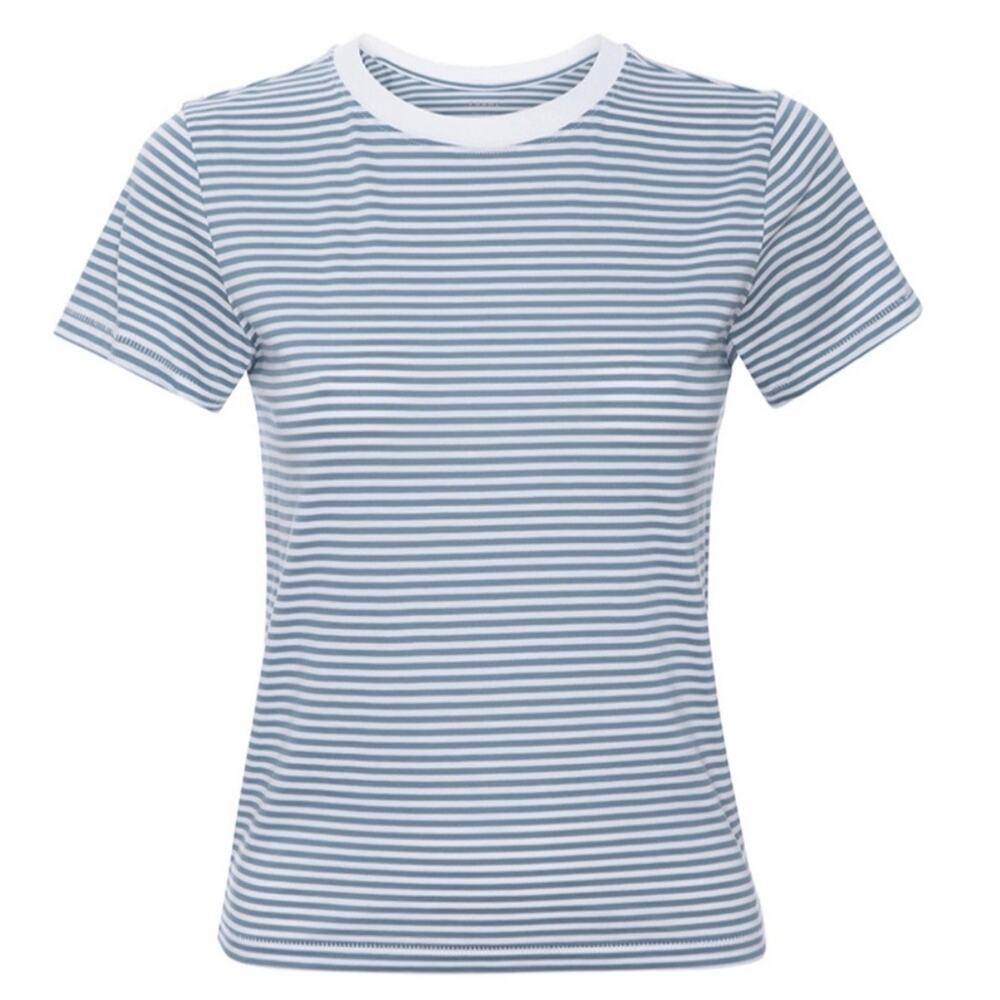FRAME Women’s Fitted Crew Tee Size Large Sky Blue White Striped Preppy Coastal